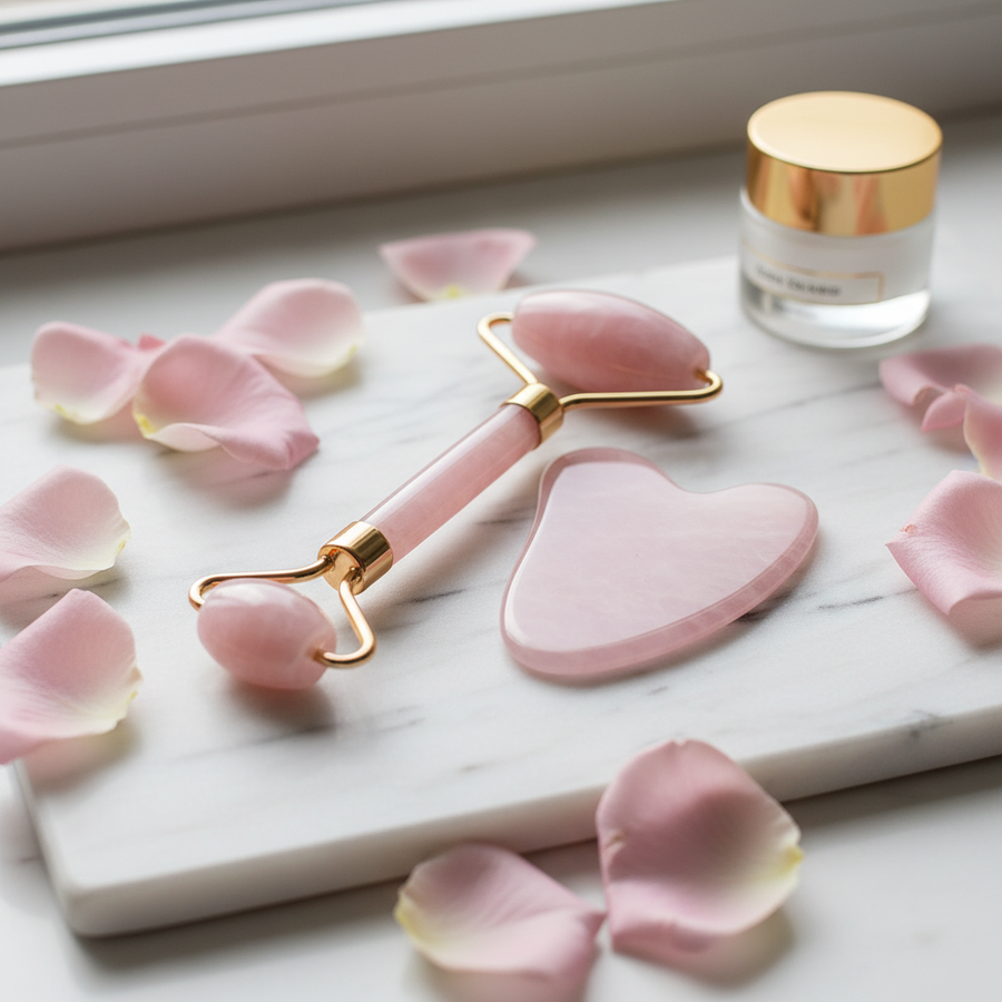 Lumire rose quartz facial roller and Gua Sha massage set